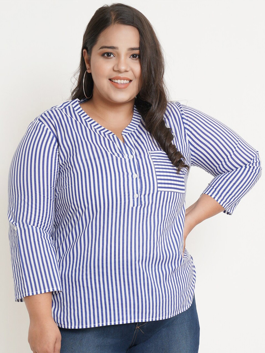 

IX IMPRESSION Women Plus Size Blue & White Striped Pure Cotton Shirt Style Top