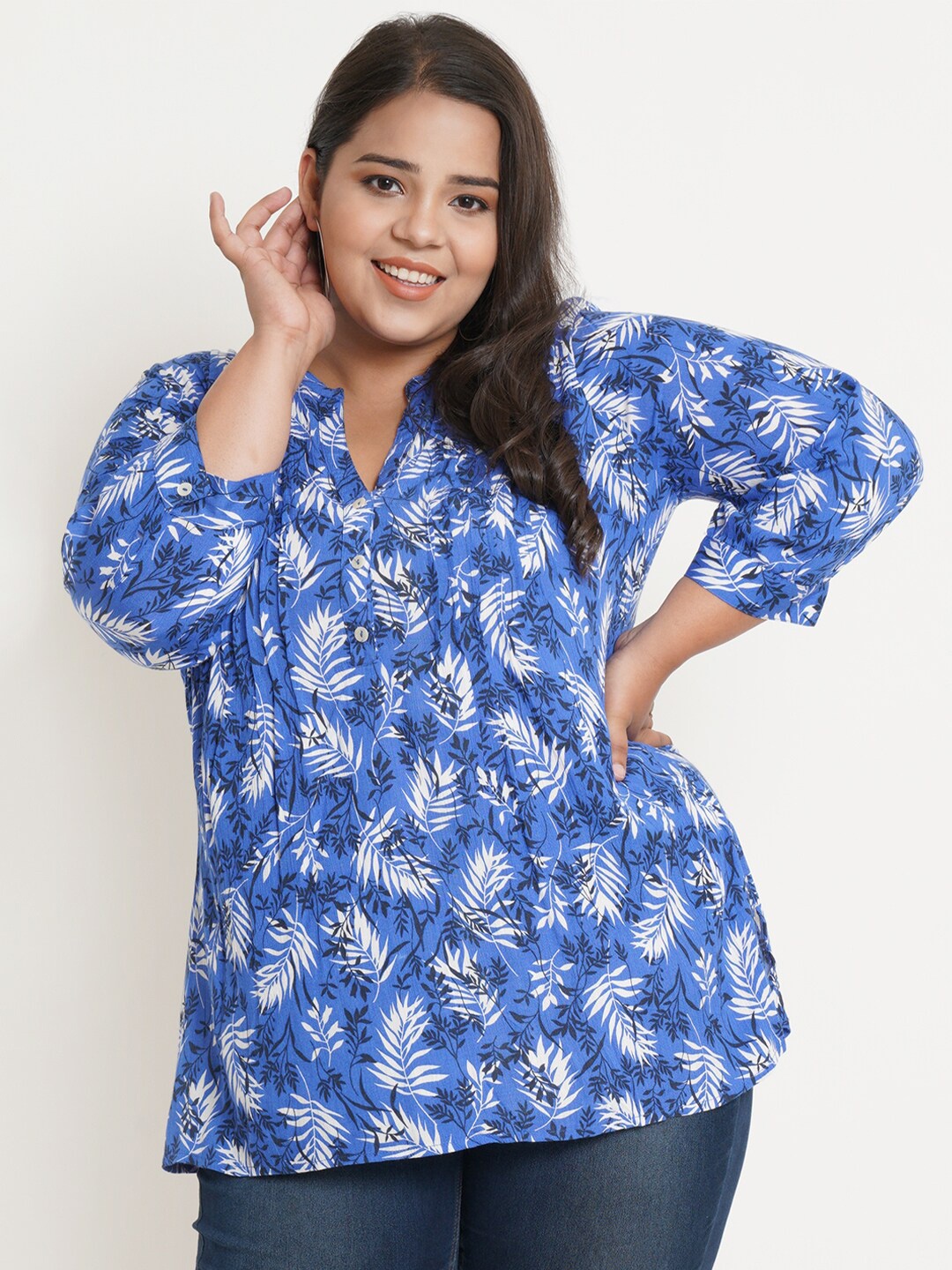 

IX IMPRESSION Women Plus Size Blue & White Floral Printed Mandarin Collar Top