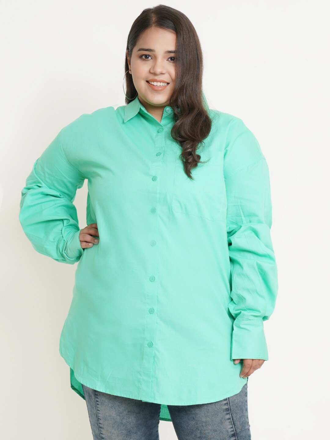 

IX IMPRESSION Women Plus Size Green Solid High Low Pure Cotton Casual Shirt