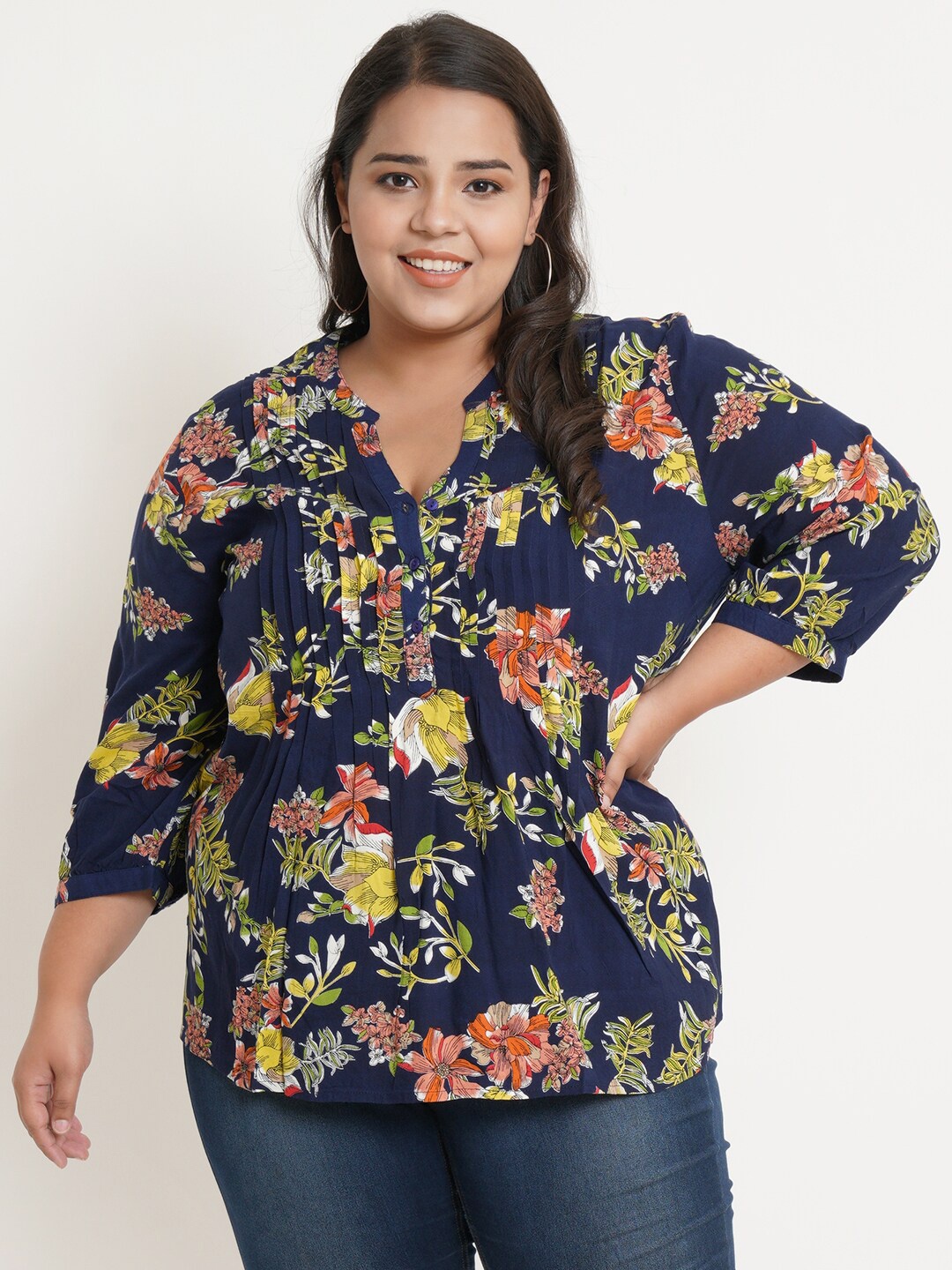 

IX IMPRESSION Women Plus Size Navy Blue & Yellow Floral Printed Mandarin Collar Top