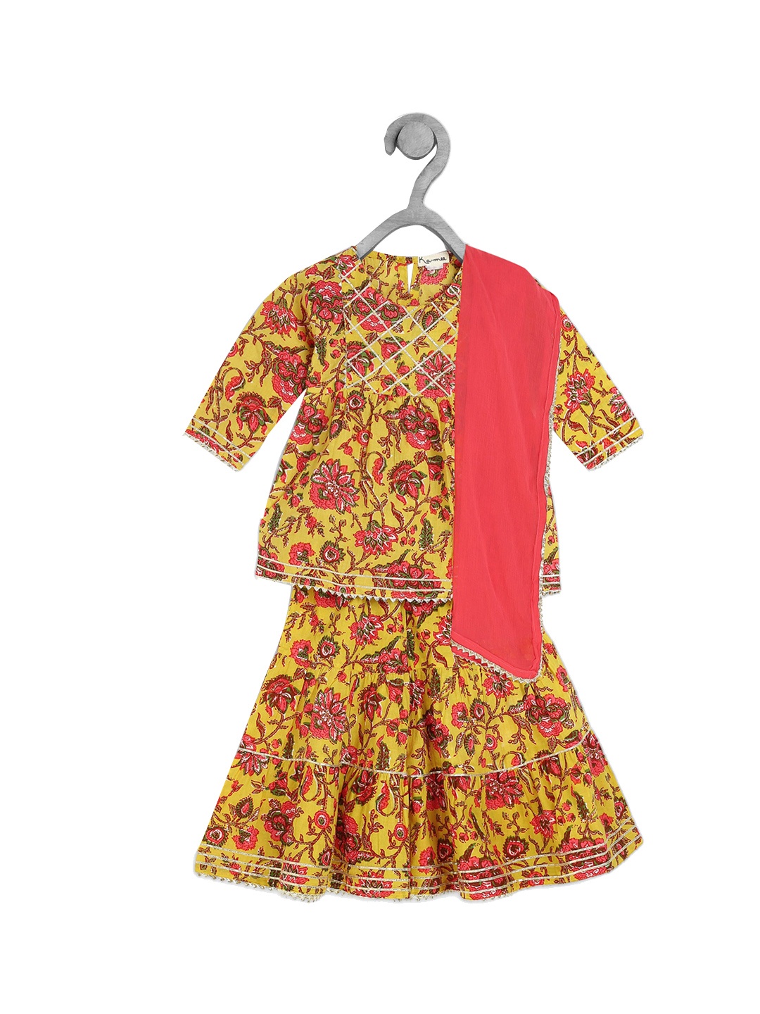 

Ka-mee Girls Floral Printed Pure Cotton Kurta with Sharara & With Dupatta, Yellow