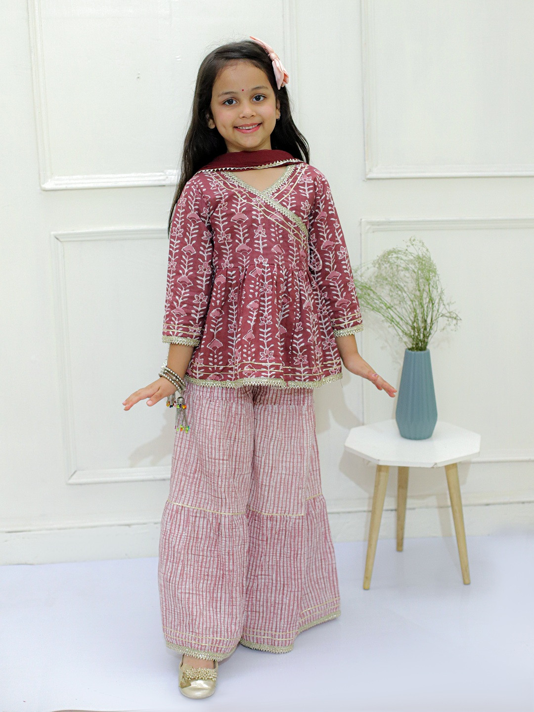 

Ka-mee Girls Maroon Printed Angrakha Pure Cotton Kurti With Sharara & With Dupatta