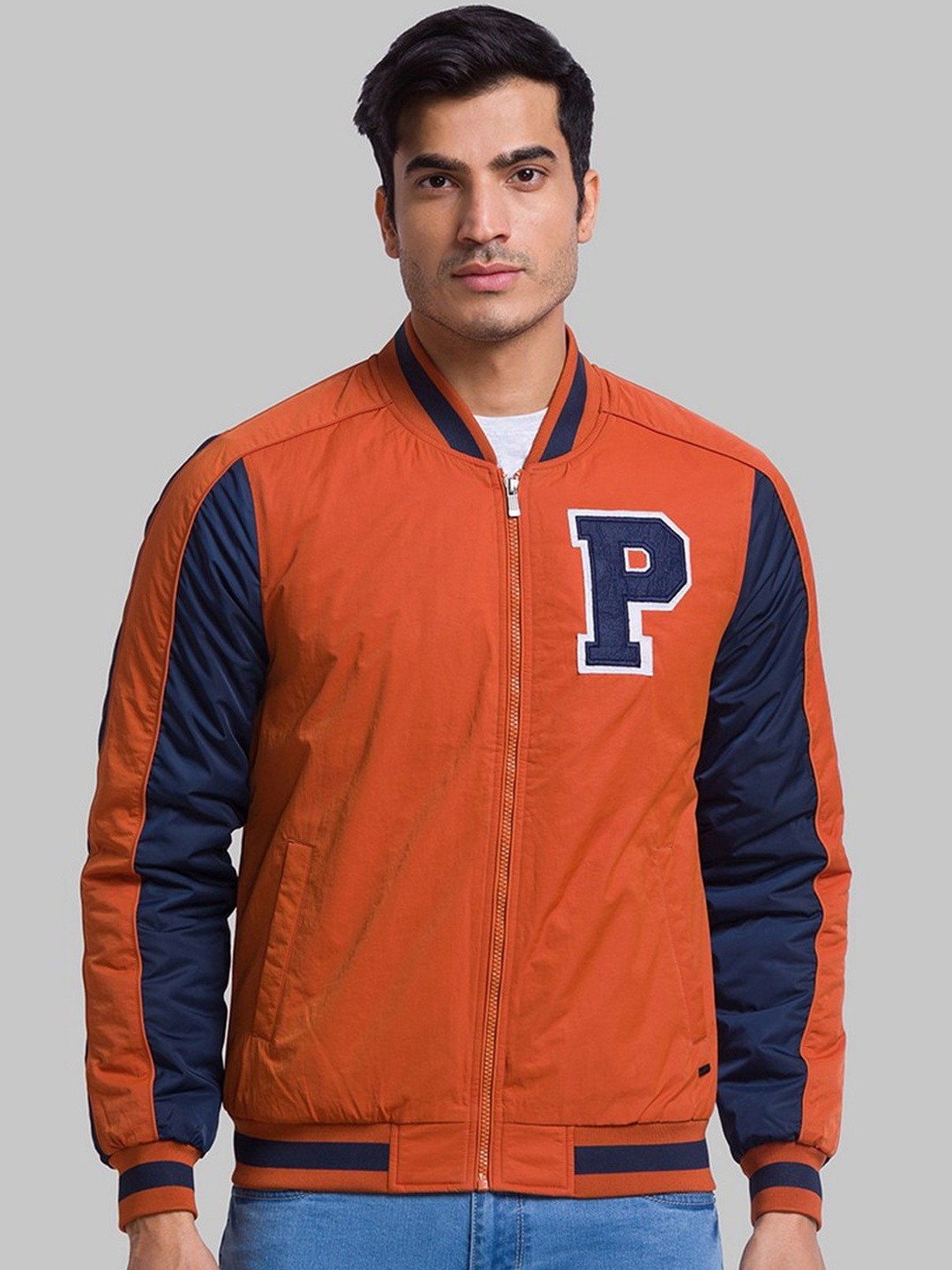 

Parx Men Orange Blue Colourblocked Bomber Jacket