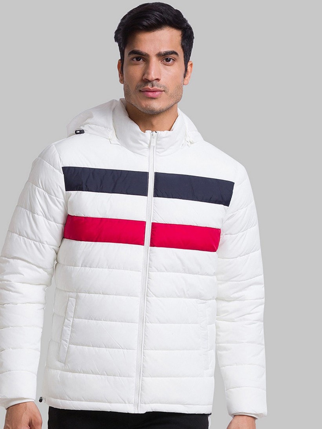 

Parx Men White Red Striped Crop Puffer Jacket