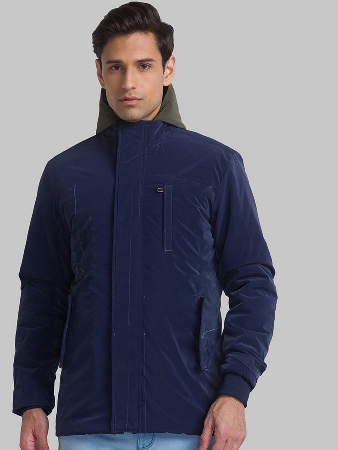 Raymond Men Blue Solid Hooded Padded Jacket
