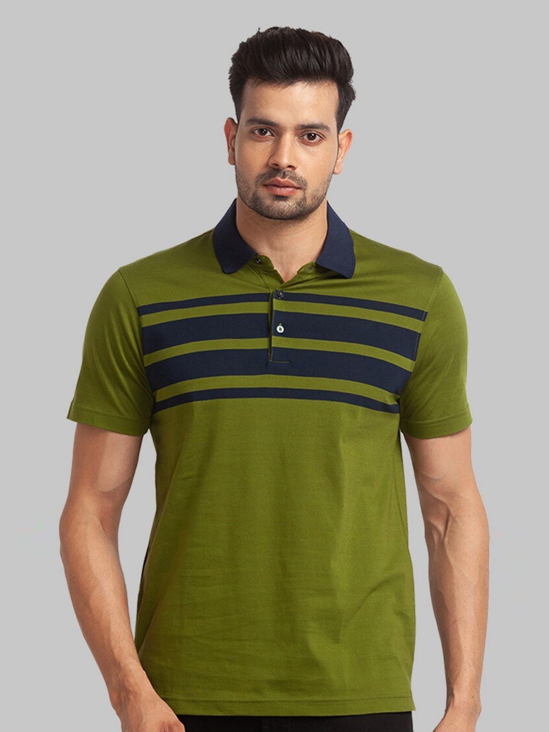 

Park Avenue Men Striped Polo Collar Organic Cotton T-shirt, Green