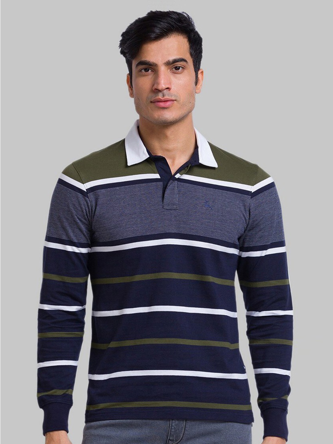 

Parx Men Green Striped Polo Collar Organic Cotton Applique T-shirt