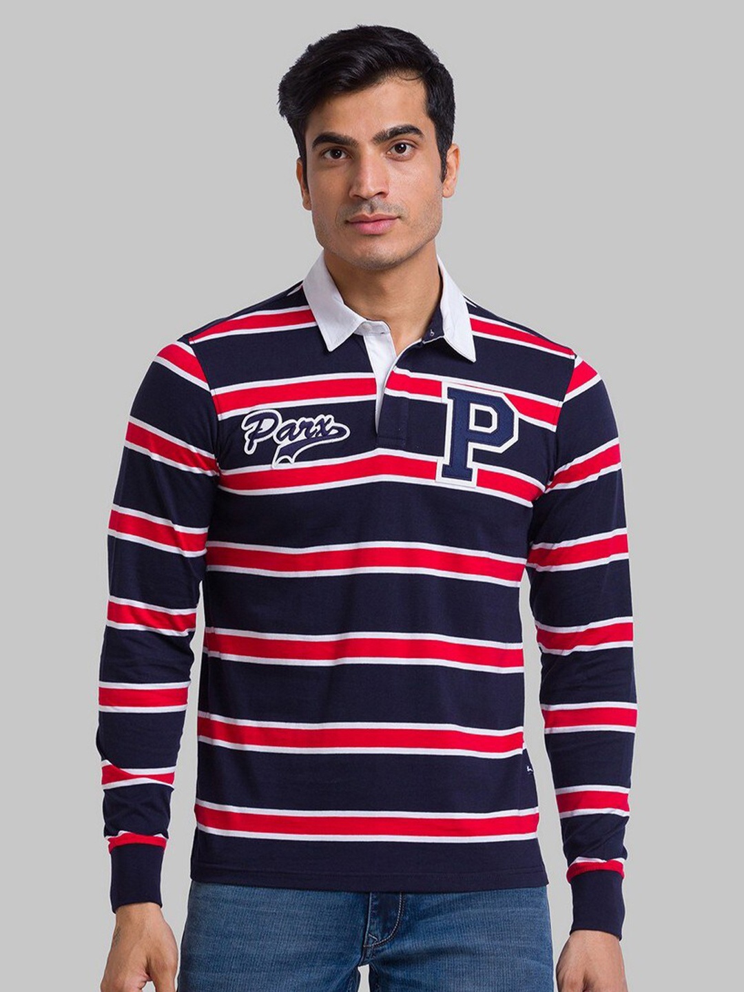 

Parx Men Blue Striped Polo Collar Organic Cotton Applique T-shirt