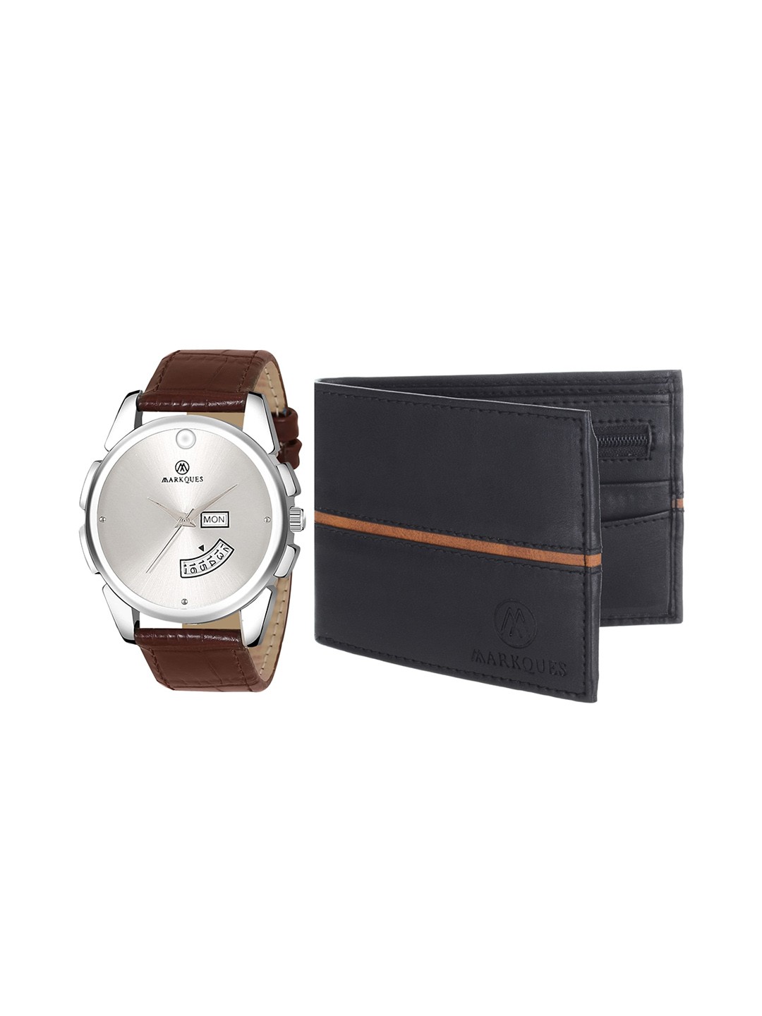 

MARKQUES Men Brown & Black Watch Wallet Leather Accessory Gift Set, Multi