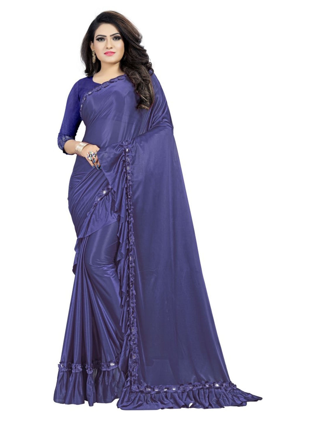 

CLOMITA Blue Mirror Work Lycra Ruffles Saree