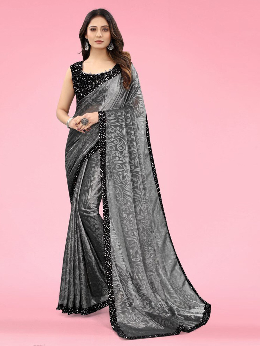 

CLOMITA Grey & Black Embellished Lycra Blend Saree