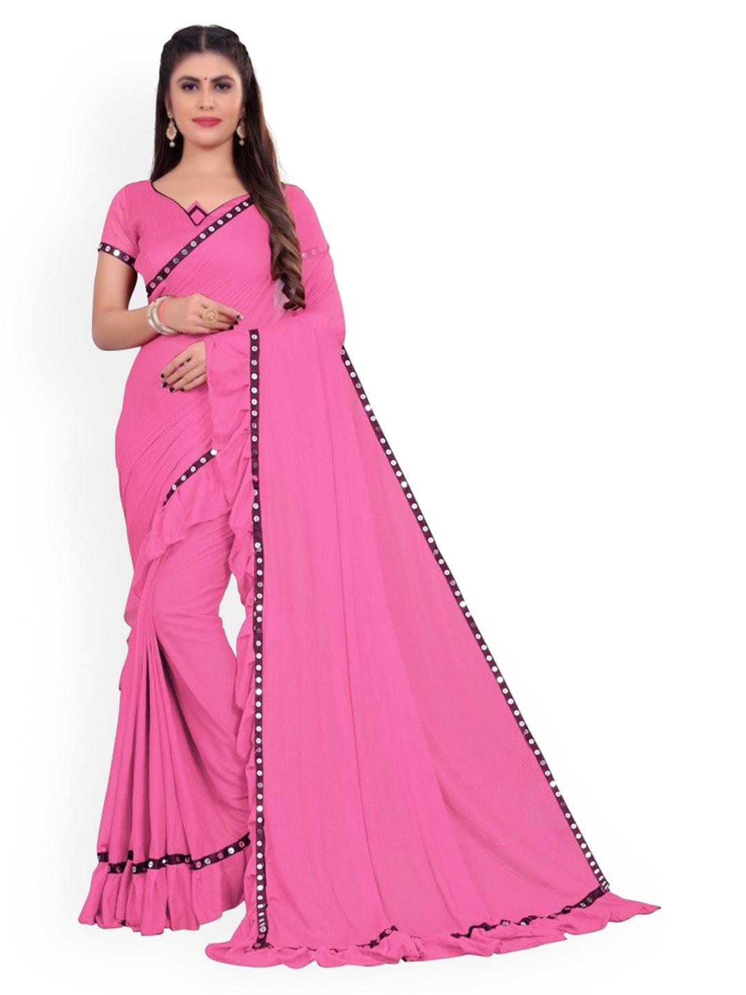 

CLOMITA Pink Mirror Work Border Ruffle Saree