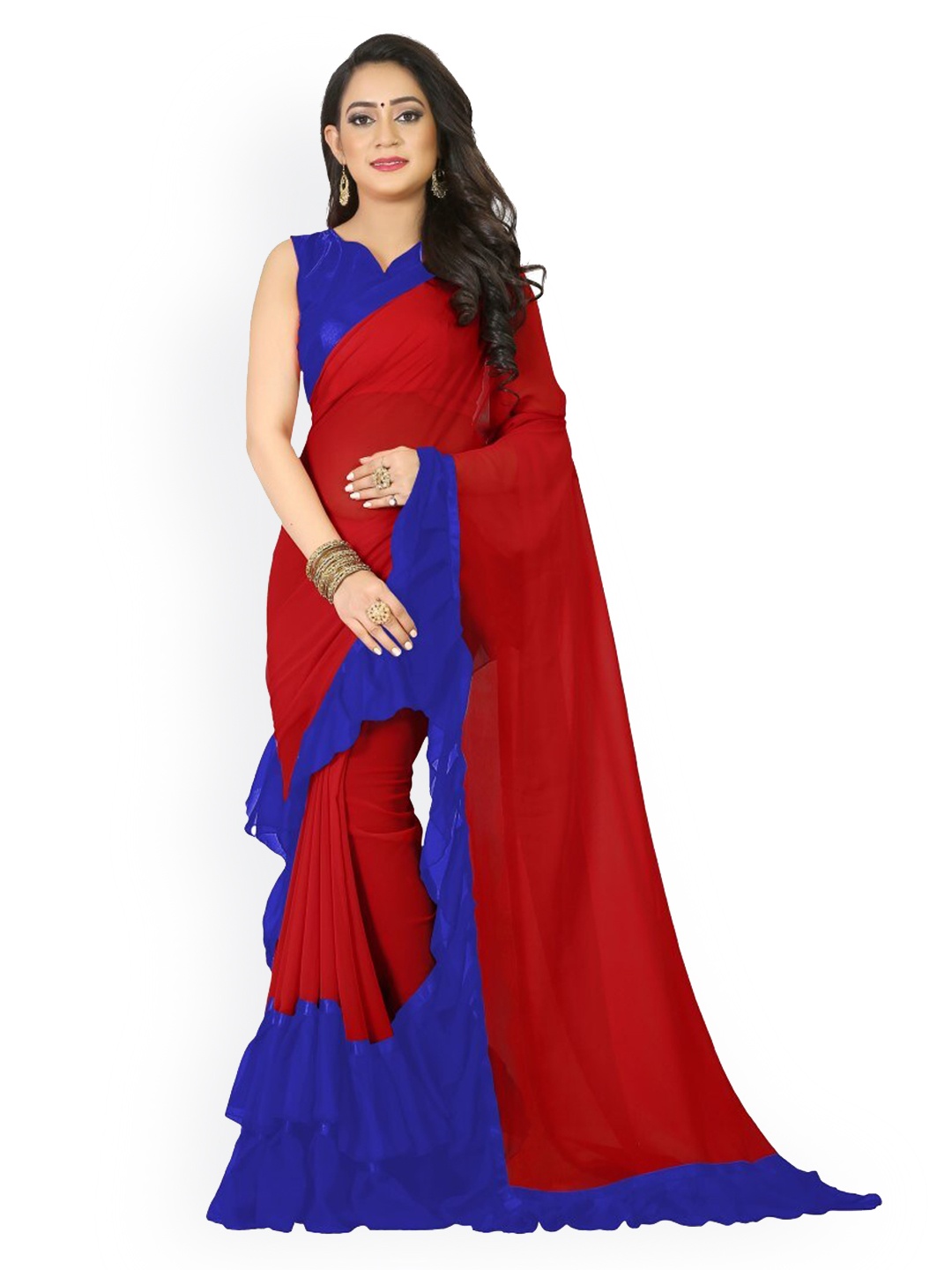 

Clomita Women Red & Blue Colourblocked Ruffles Saree