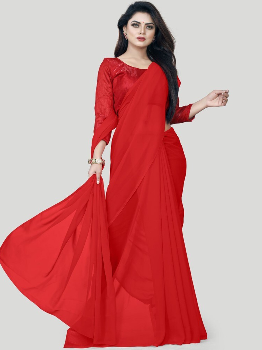 

CLOMITA Red Solid Pure Georgette Saree