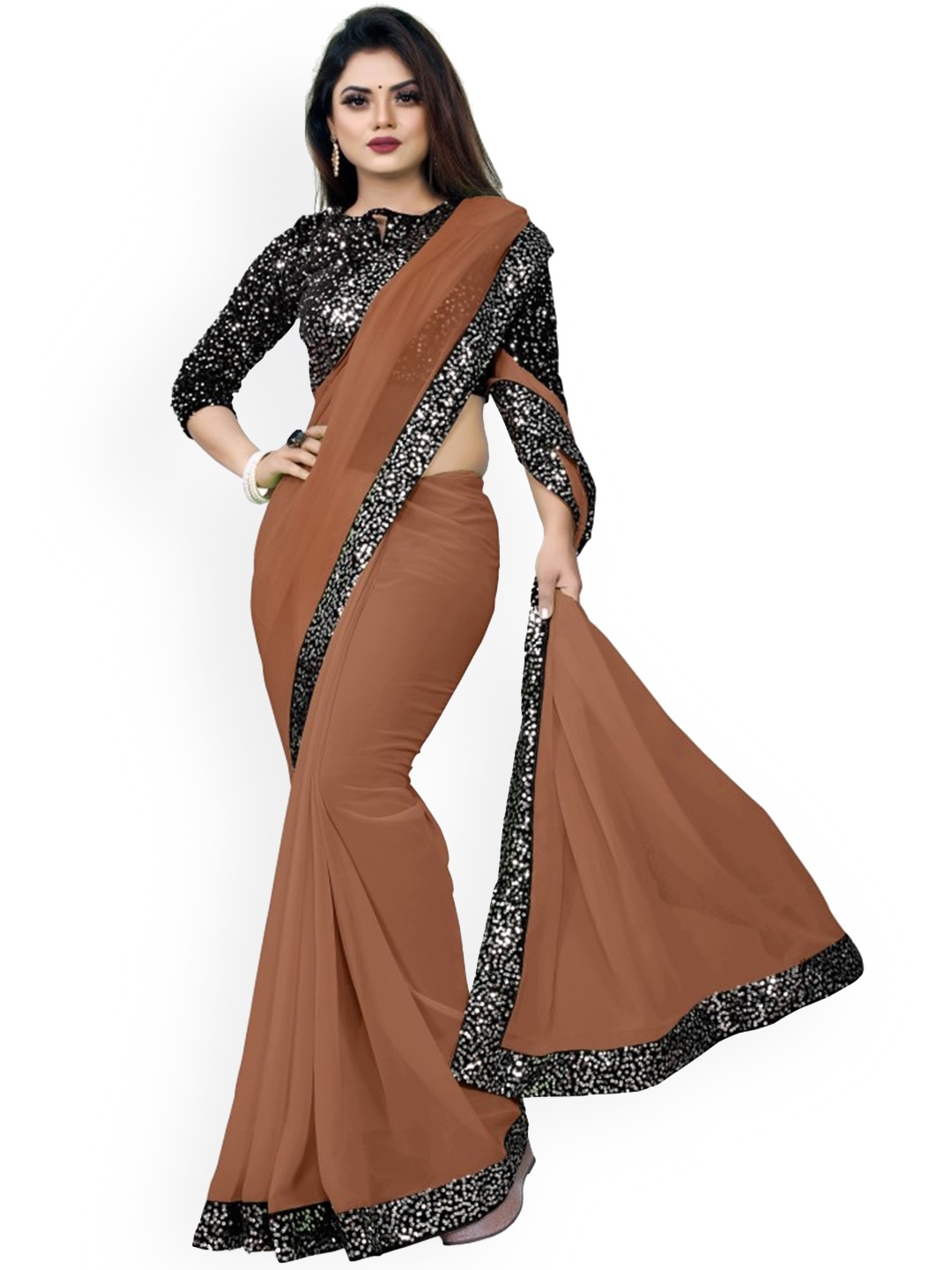 

CLOMITA Brown Sequinned Pure Georgette Saree
