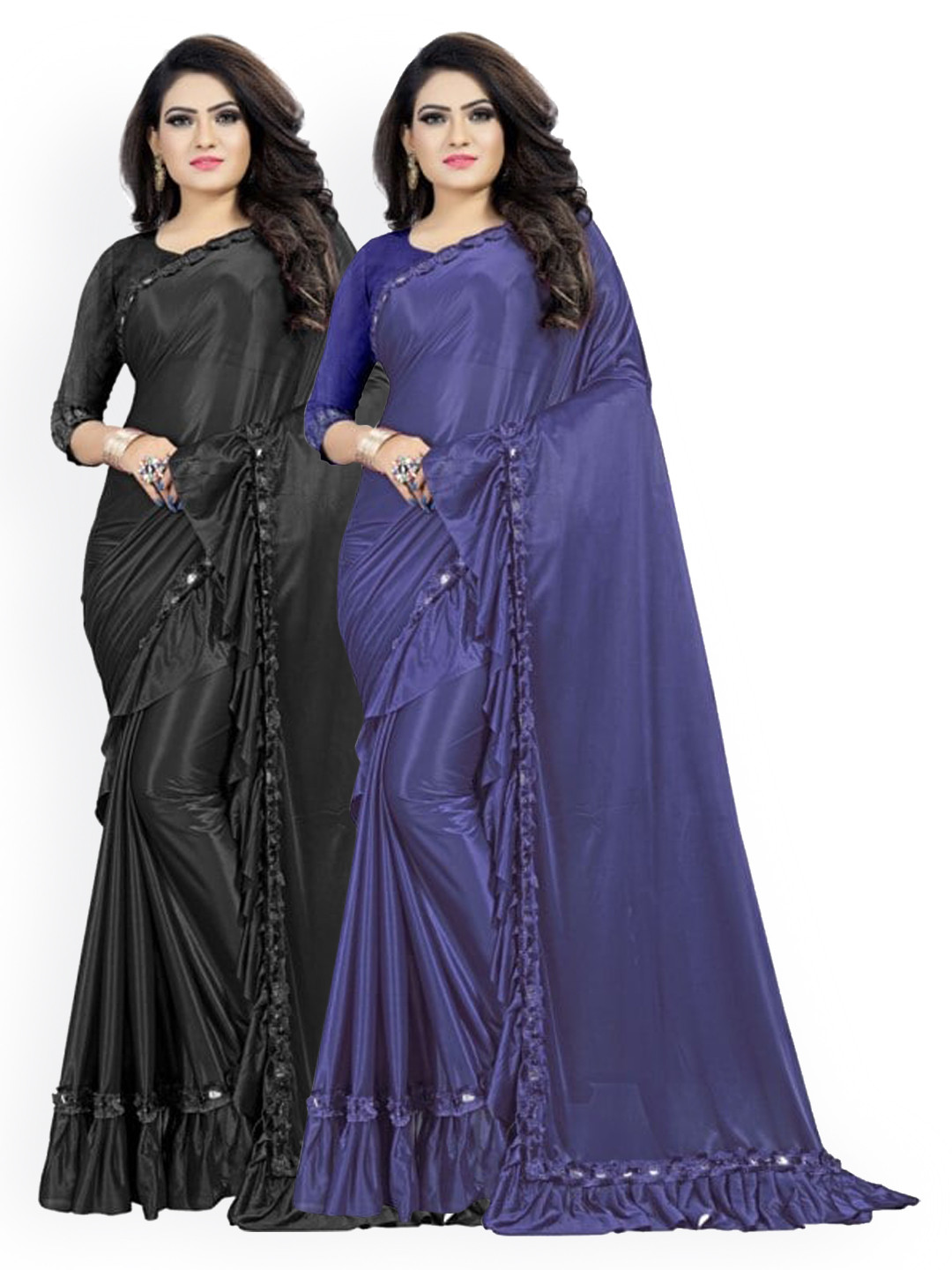 

CLOMITA Pack of 2 Blue & Black Mirror Work Ruffles Saree