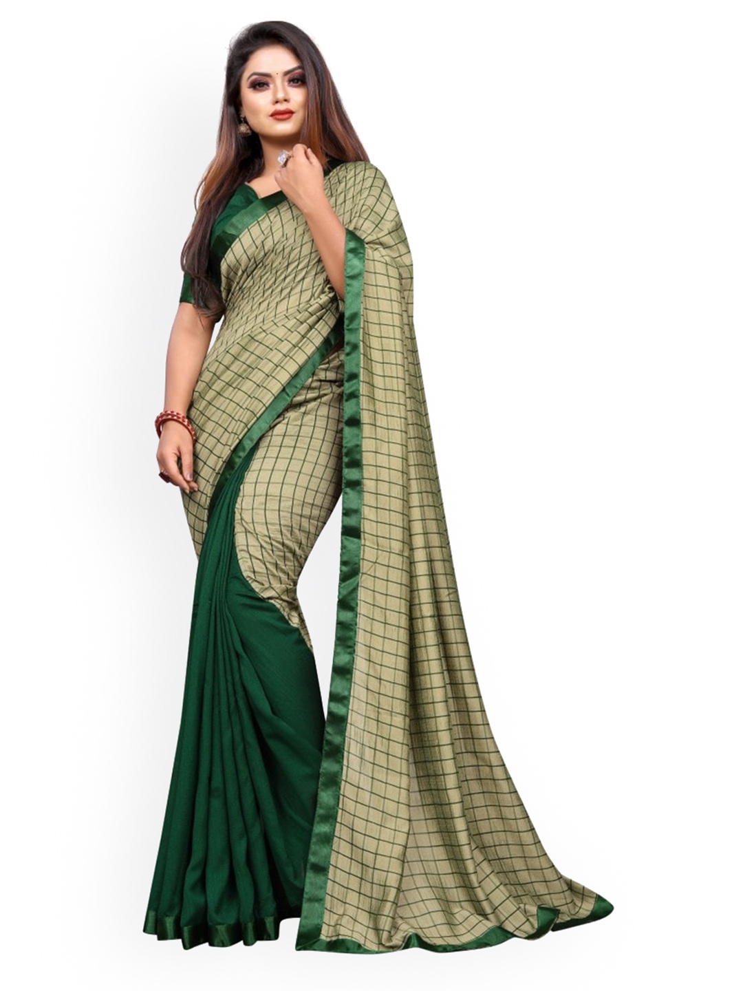 

CLOMITA Green & Beige Checked Art Silk Half and Half Saree