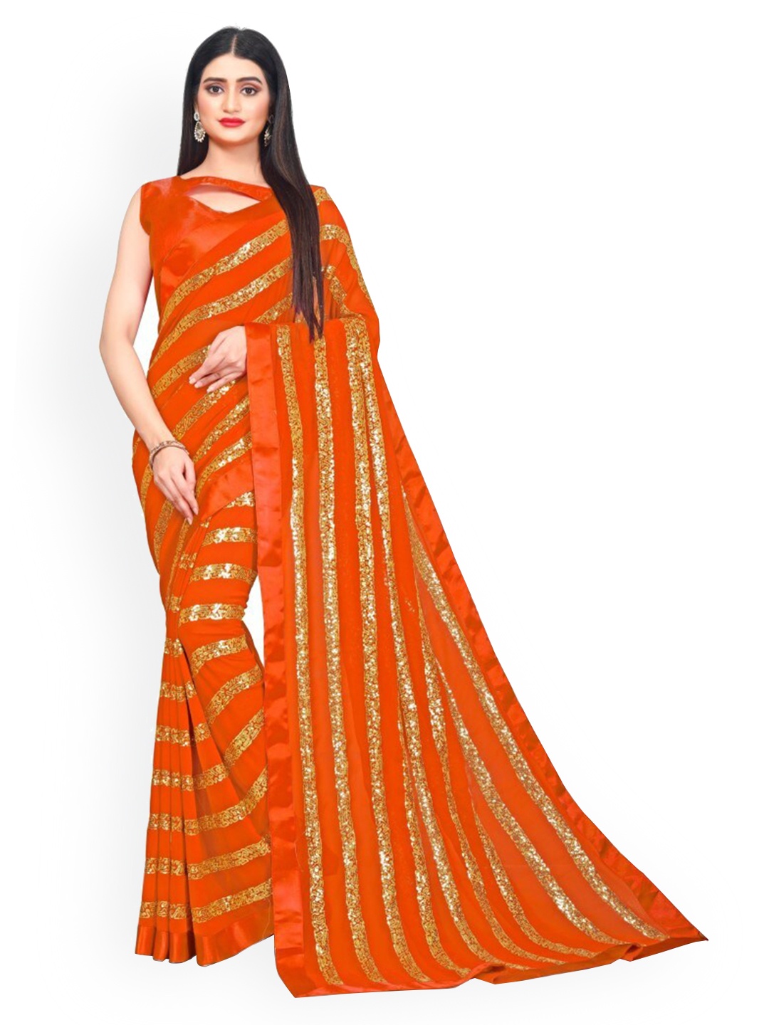 

CLOMITA Women Orange & Gold-Toned Striped Sequinned Saree