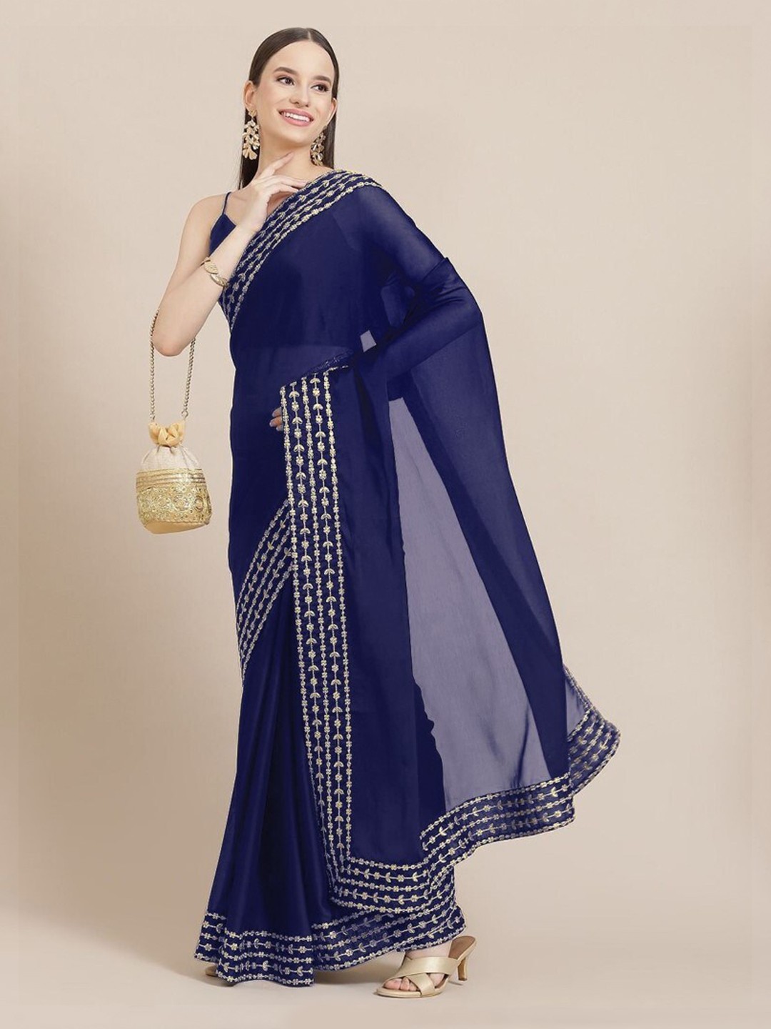 

CLOMITA Women Blue & Gold-Toned Woven Design Embroidered Pure Silk Saree