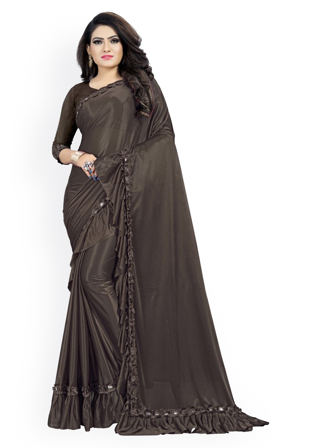 

CLOMITA Women Olive Green Mirror Work Saree