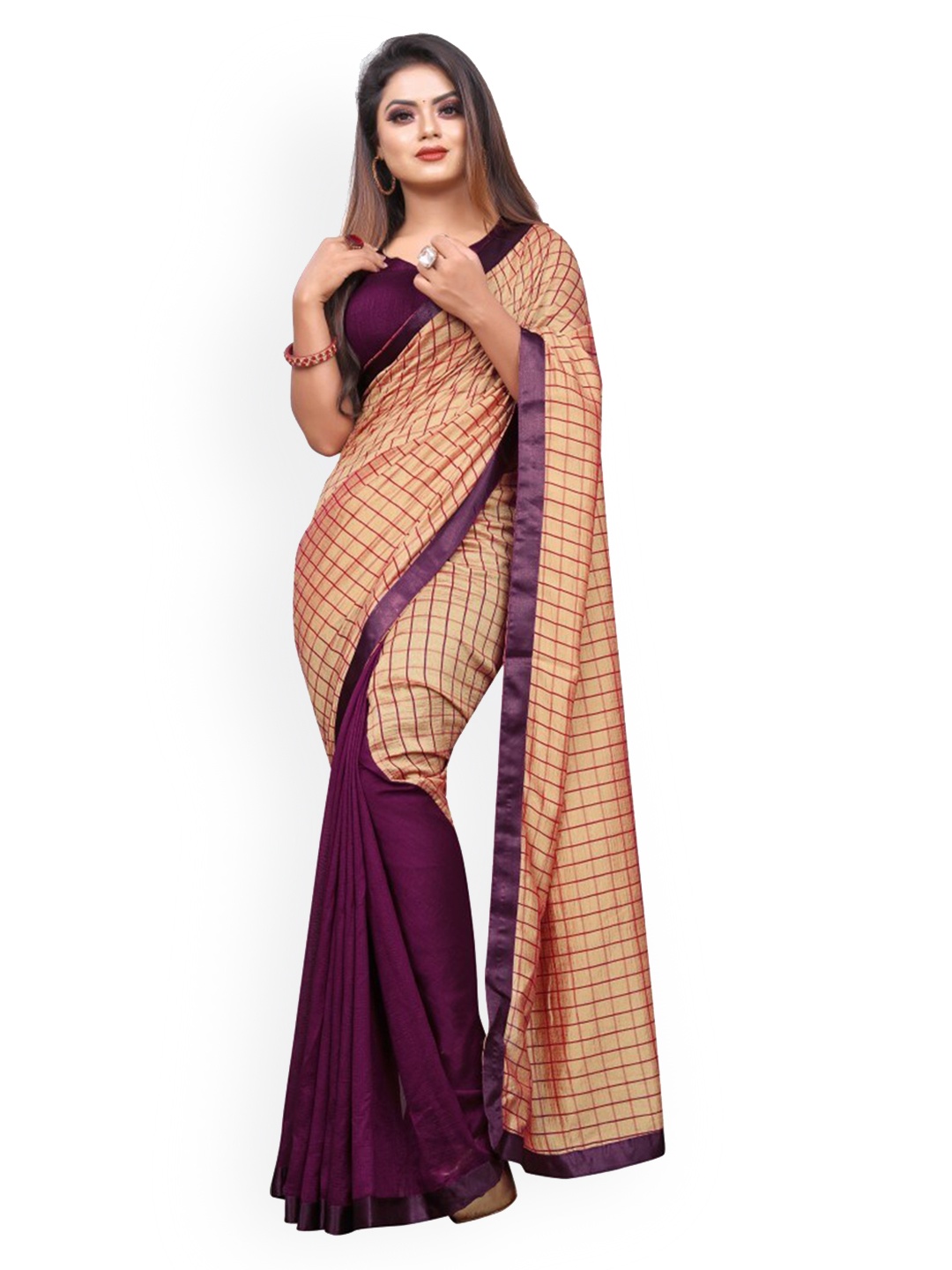 

CLOMITA Women Purple & Orange Checked Art Silk Saree