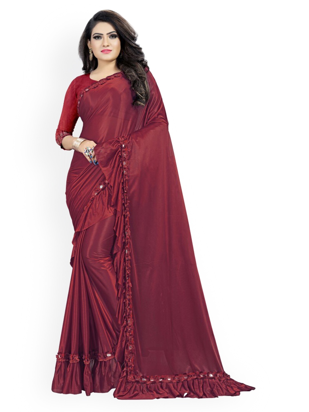 

CLOMITA Women Maroon Mirror Work Saree