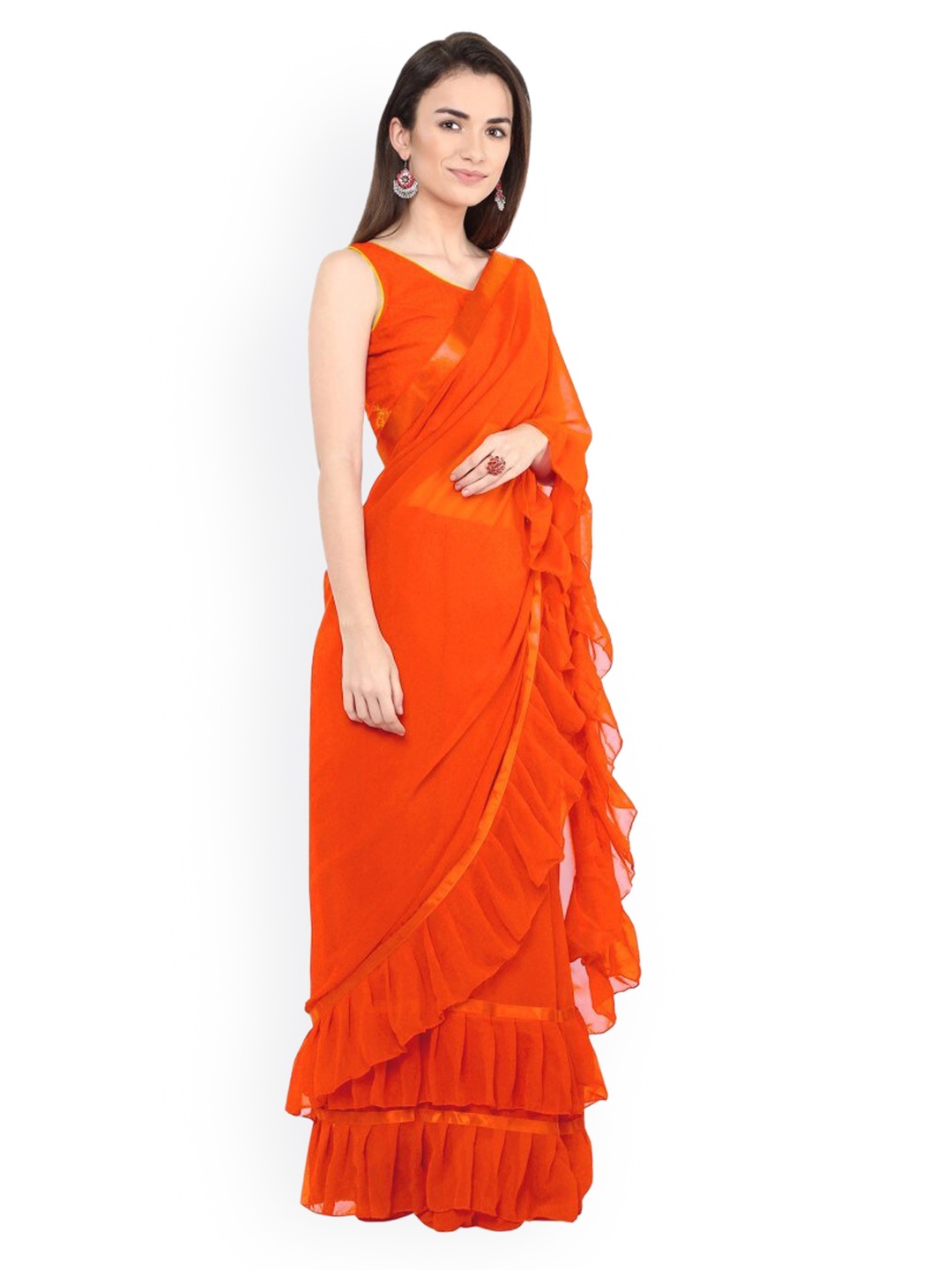 

CLOMITA Orange Solid Ruffle Saree