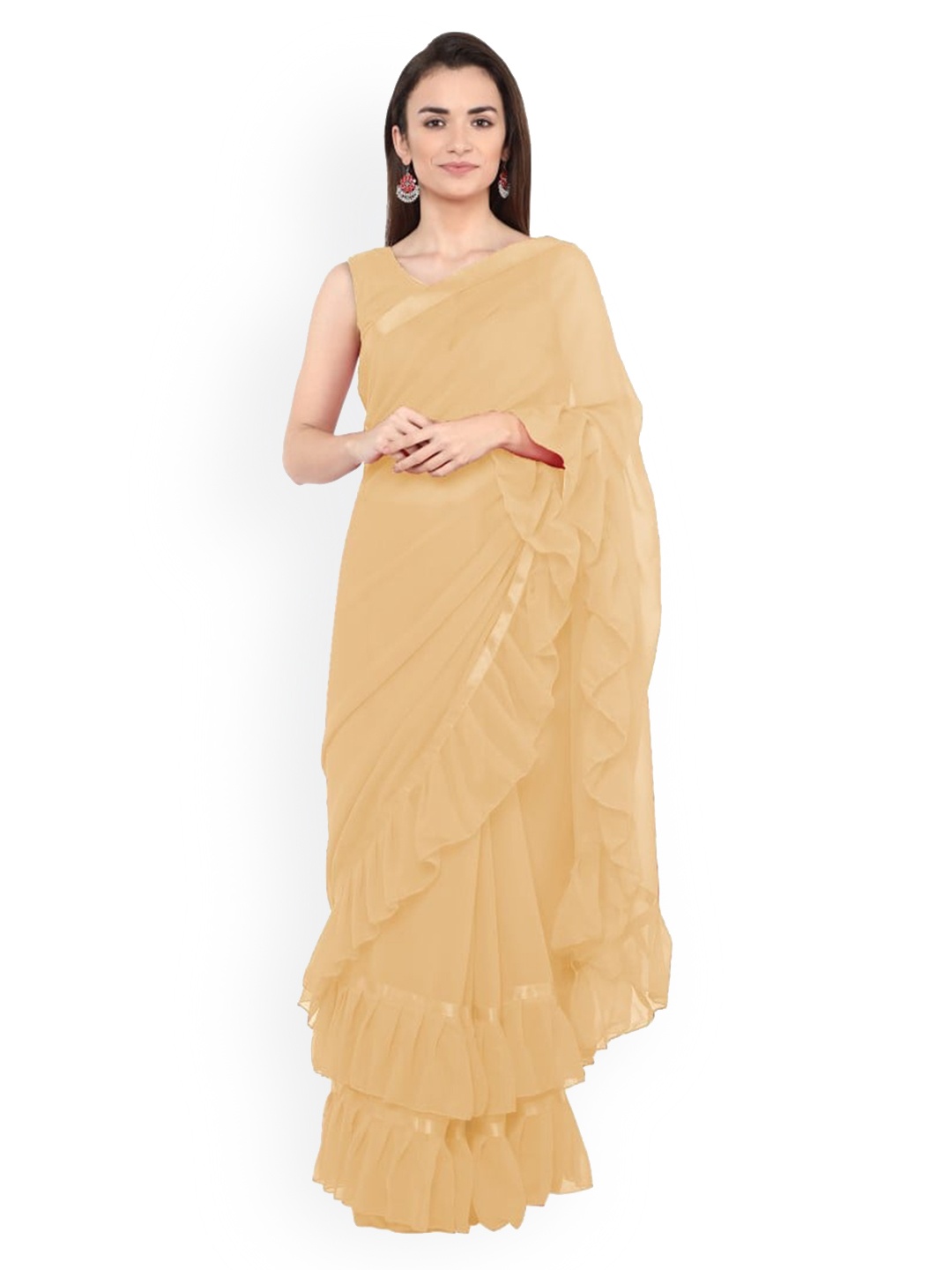 

CLOMITA Camel Brown Pure Georgette Ruffle Saree