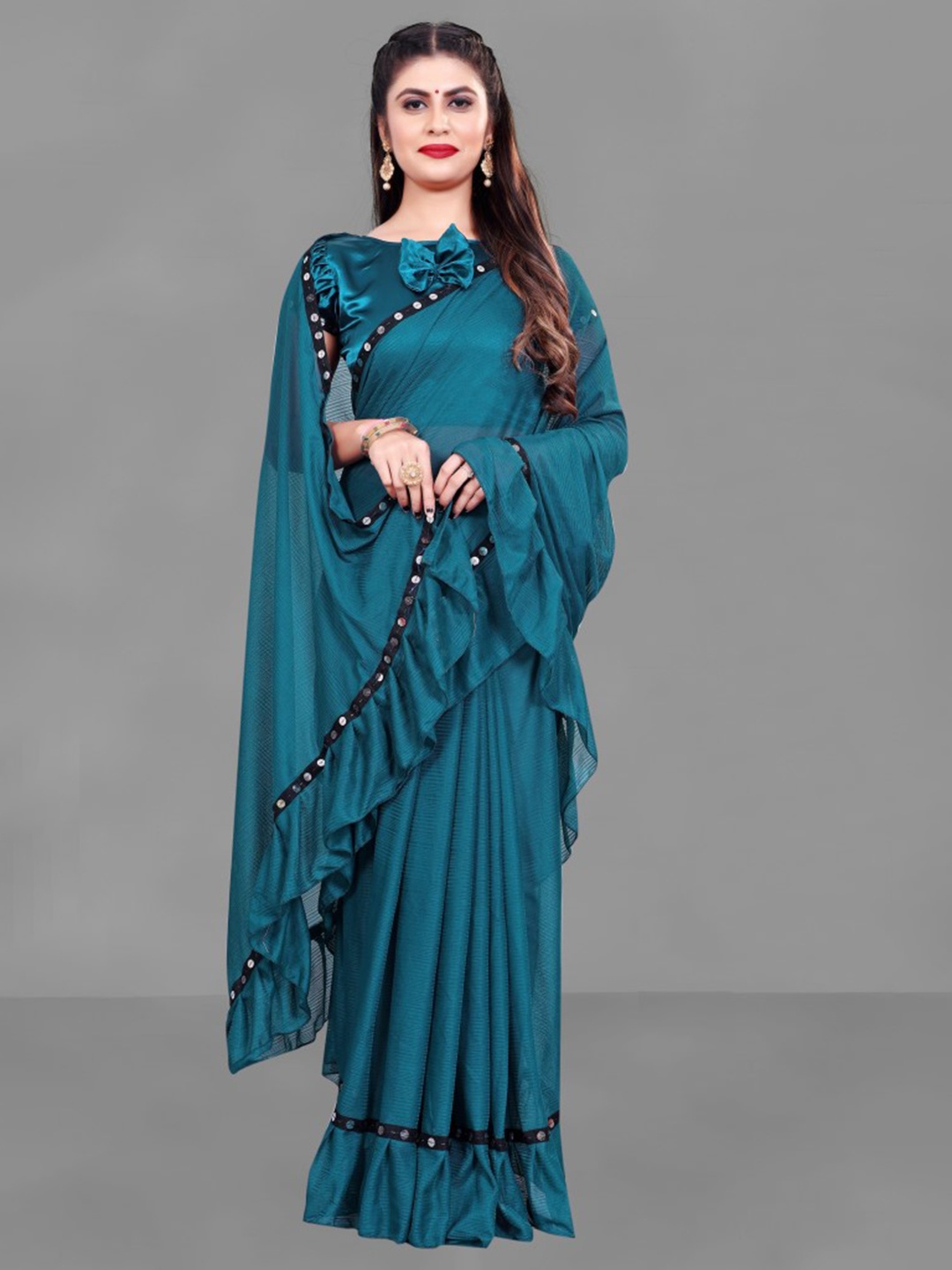 

CLOMITA Teal Sequinned Ruffle Saree