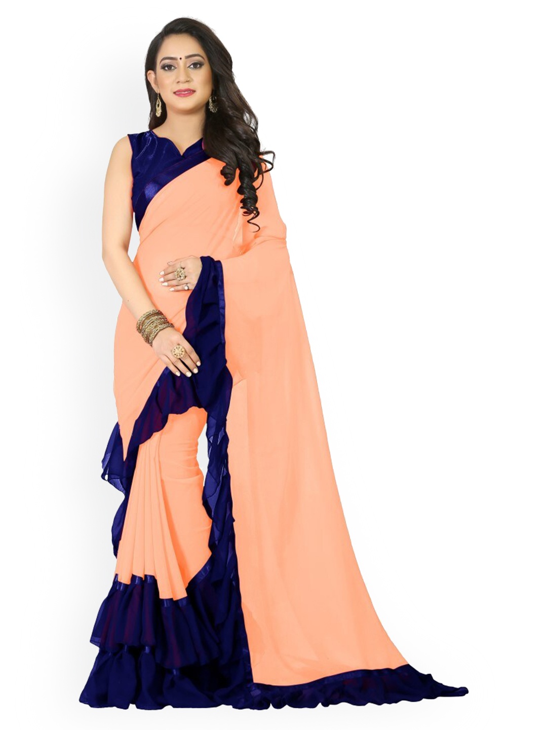 

CLOMITA Peach-Coloured & Navy Blue Pure Georgette Ruffle Saree