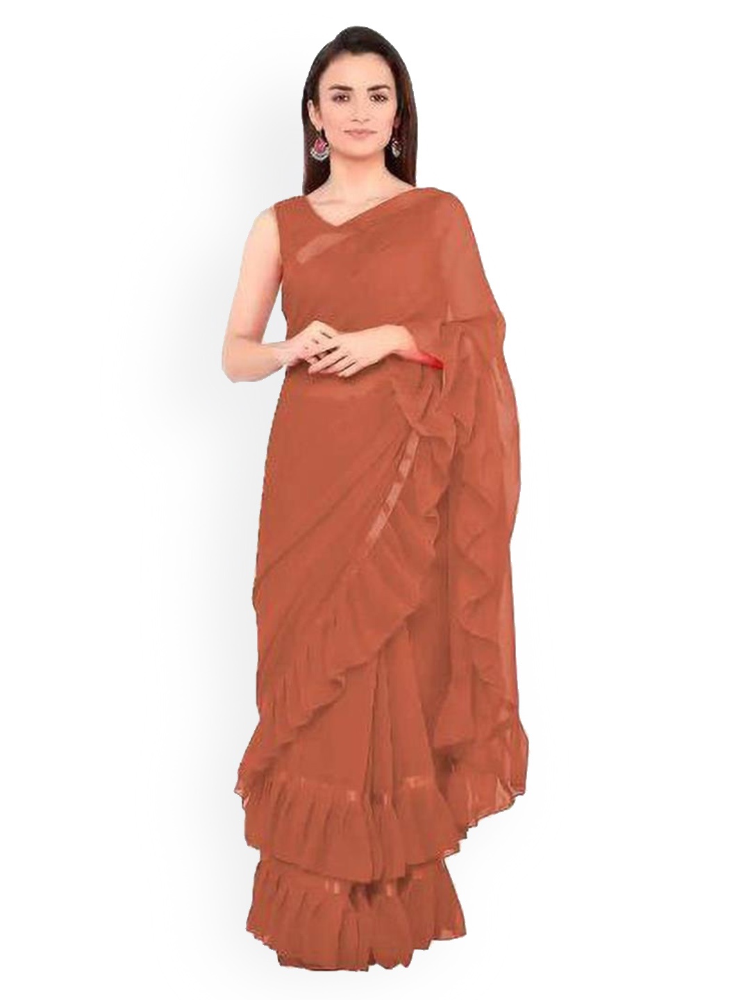 

CLOMITA Brown Solid Ruffle Saree