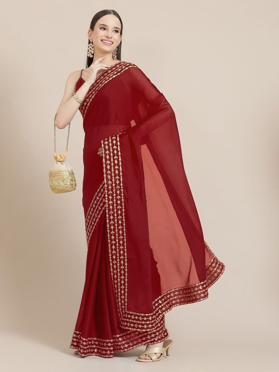 

CLOMITA Maroon Embroidered Pure Silk Saree