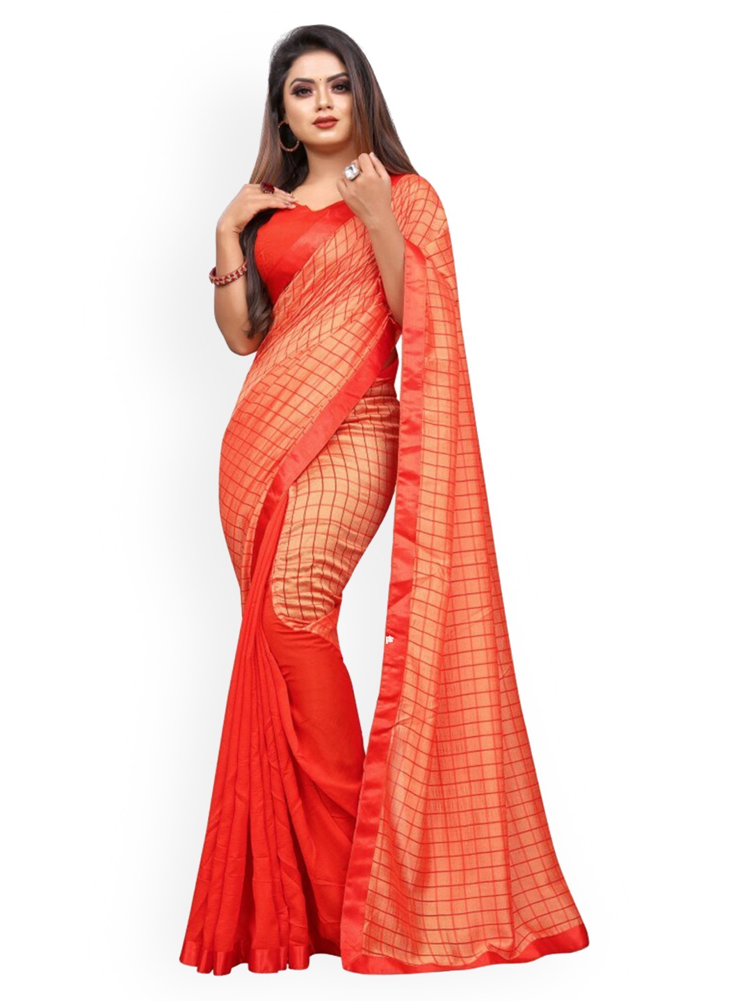 

CLOMITA Orange & Beige Checked Art Silk Saree