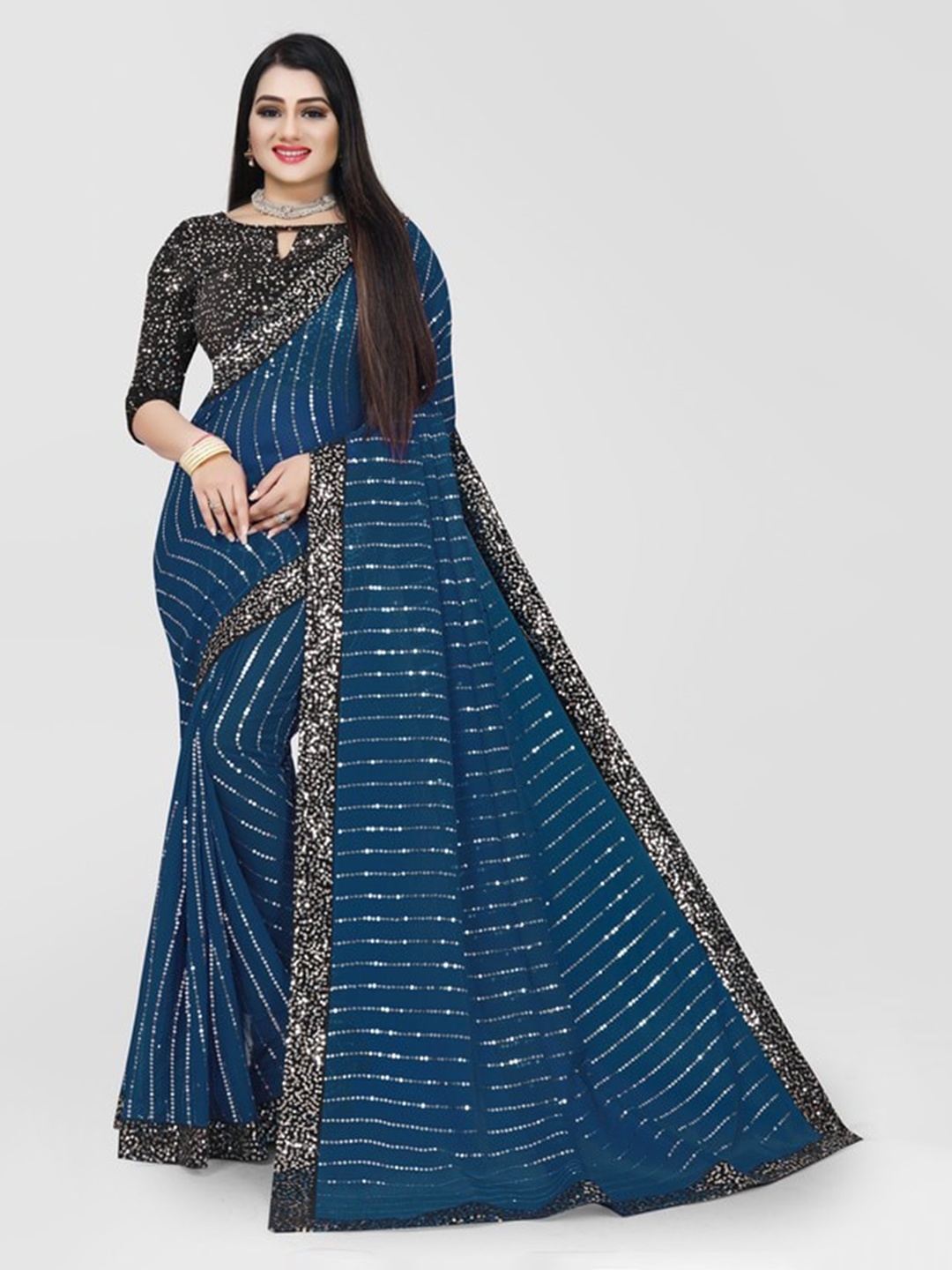 

CLOMITA Blue & Black Embellished Sequinned Saree