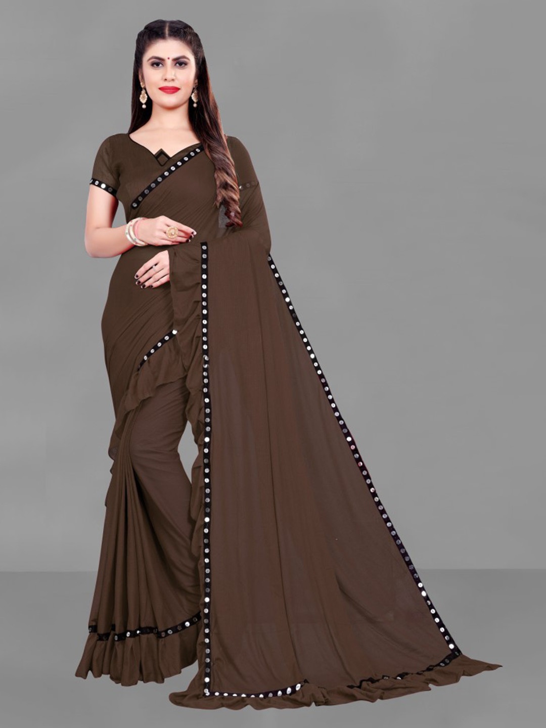 

CLOMITA Brown Ruffled Mirror Work Saree