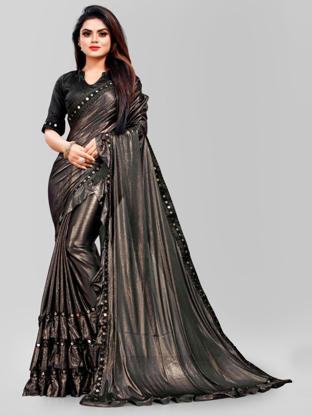 

CLOMITA Black & Gold-Toned Mirror Work Saree