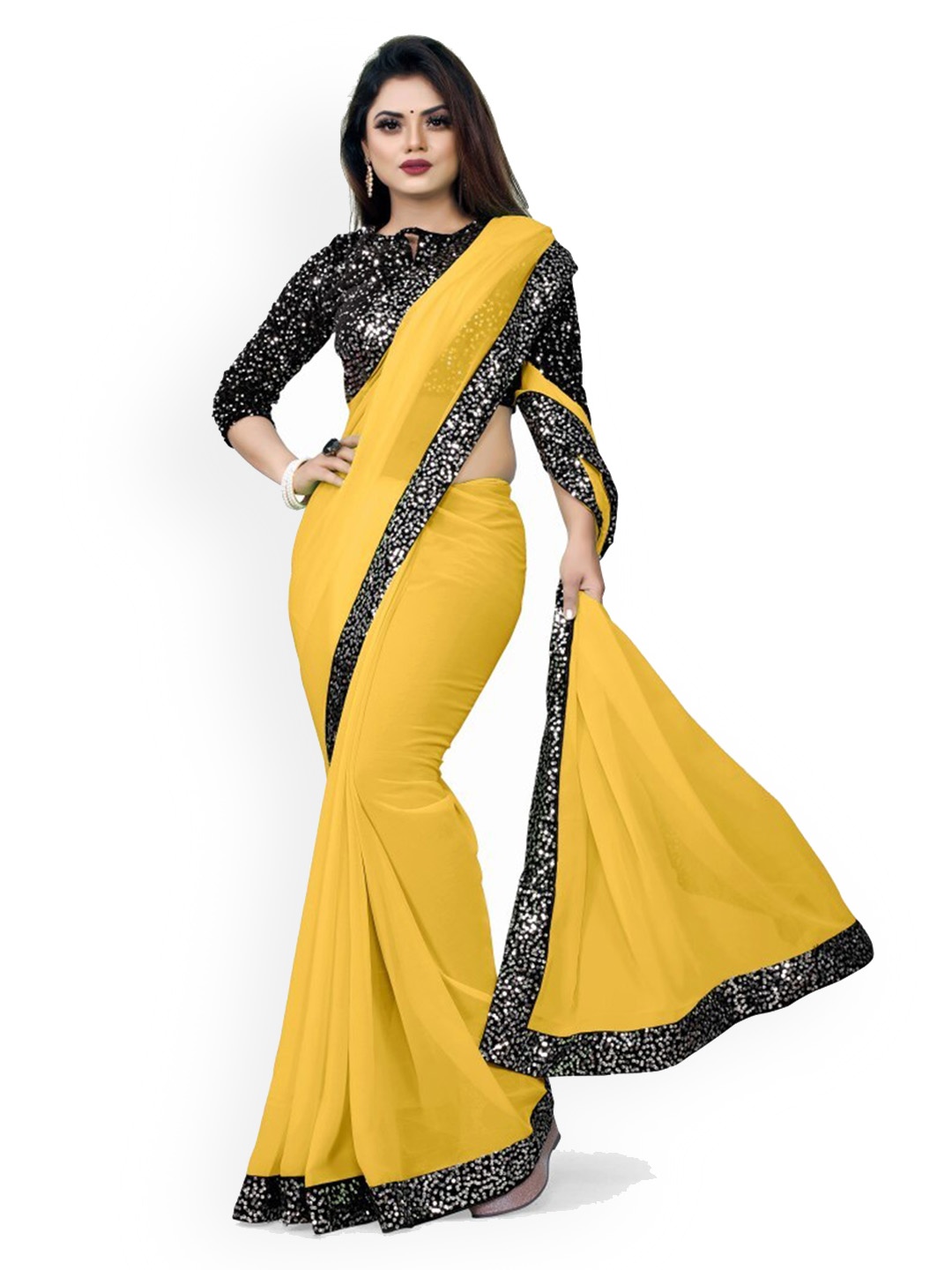 

CLOMITA Yellow & Black Saree