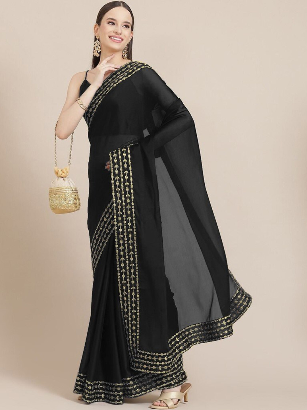 

CLOMITA Black & Gold-Toned Embroidered Pure Silk Saree