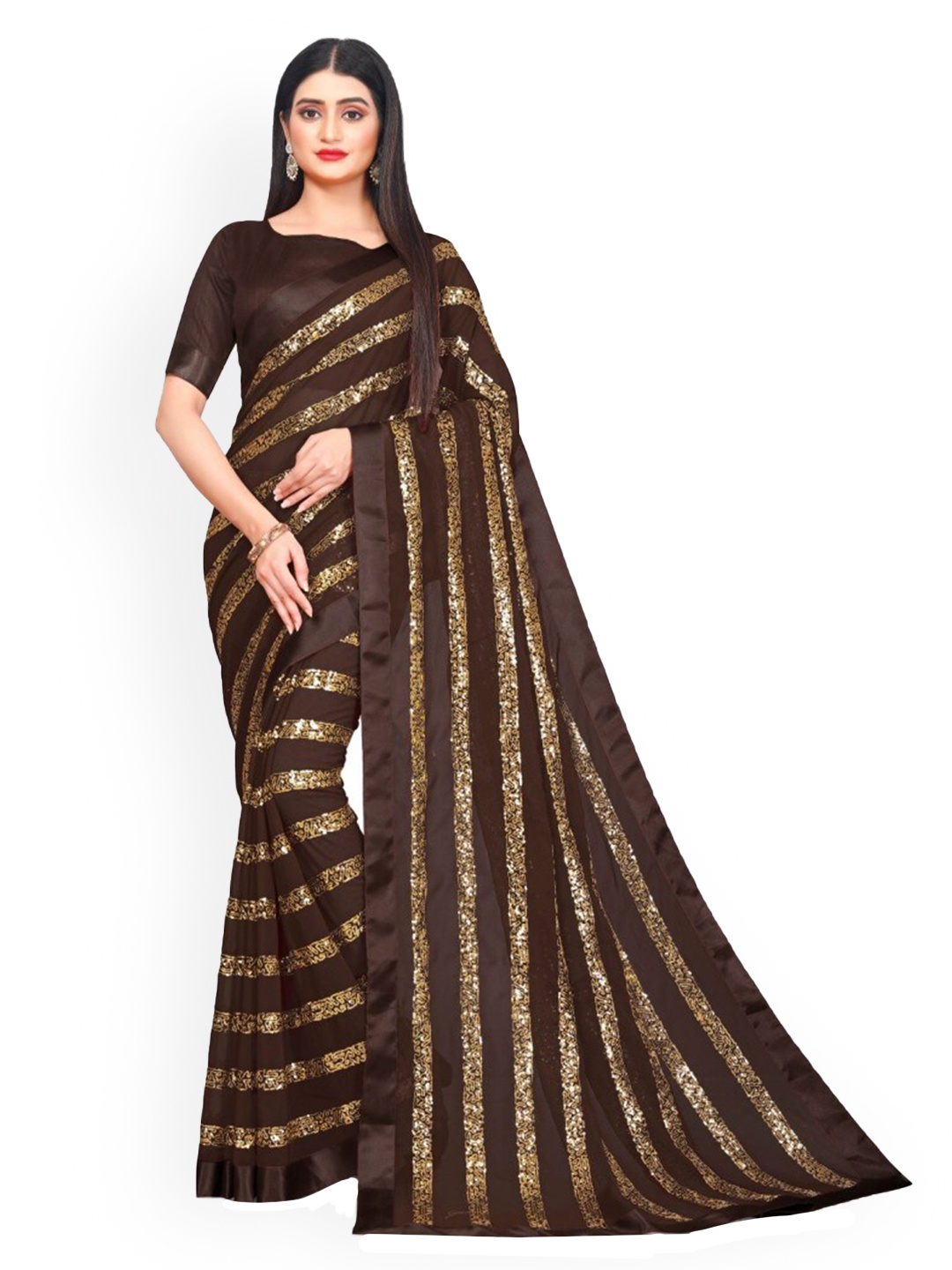 

CLOMITA Brown & Gold-Toned Striped Pure Georgette Saree