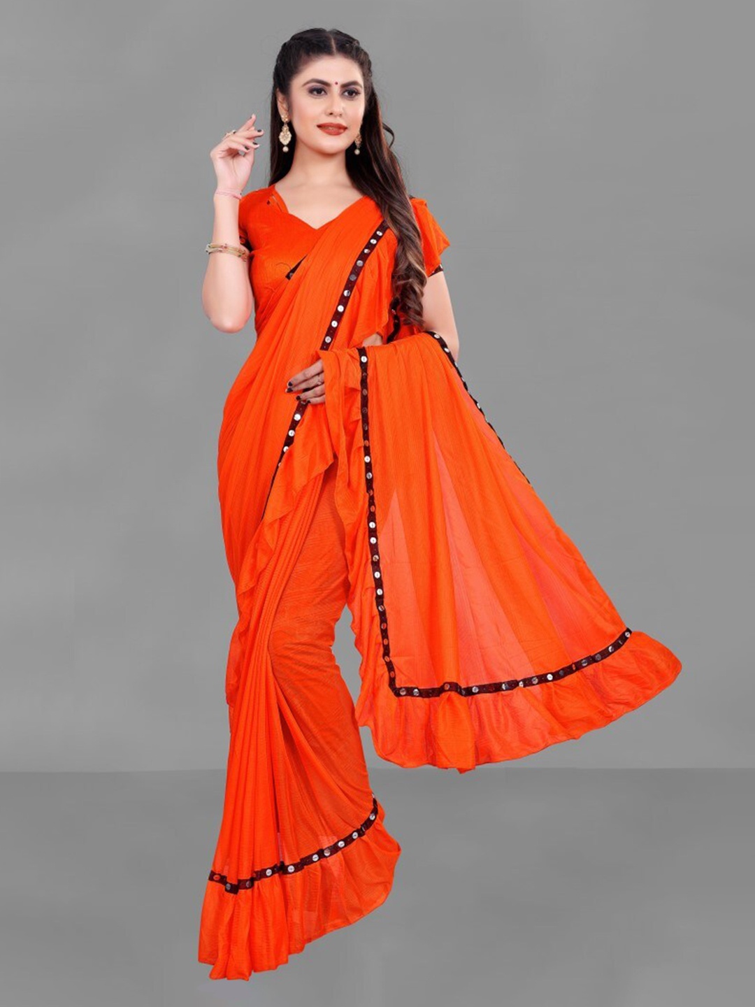 

CLOMITA Orange & Black Mirror Work Saree