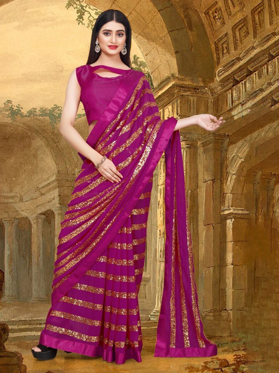 

CLOMITA Purple & Gold-Toned Embellished Sequinned Saree