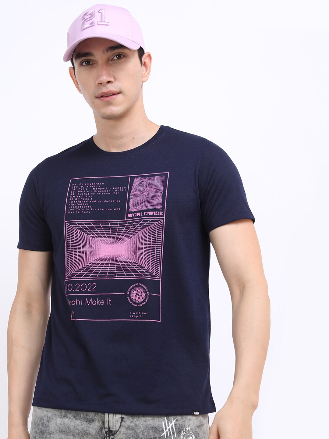 

HIGHLANDER Men Printed Slim Fit T-shirt, Navy blue
