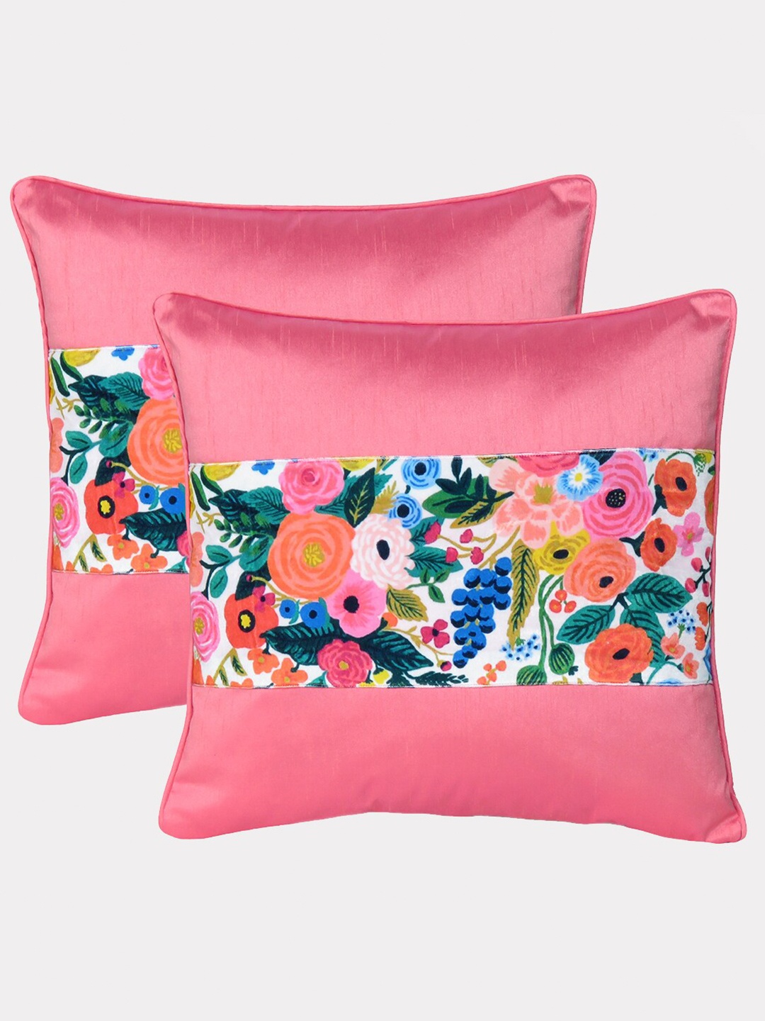 

OUSSUM Pink & Blue Set of 2 Floral Velvet Square Cushion Covers