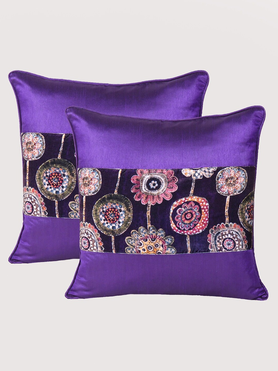 

OUSSUM Purple & Blue Set of 2 Floral Velvet Square Cushion Covers