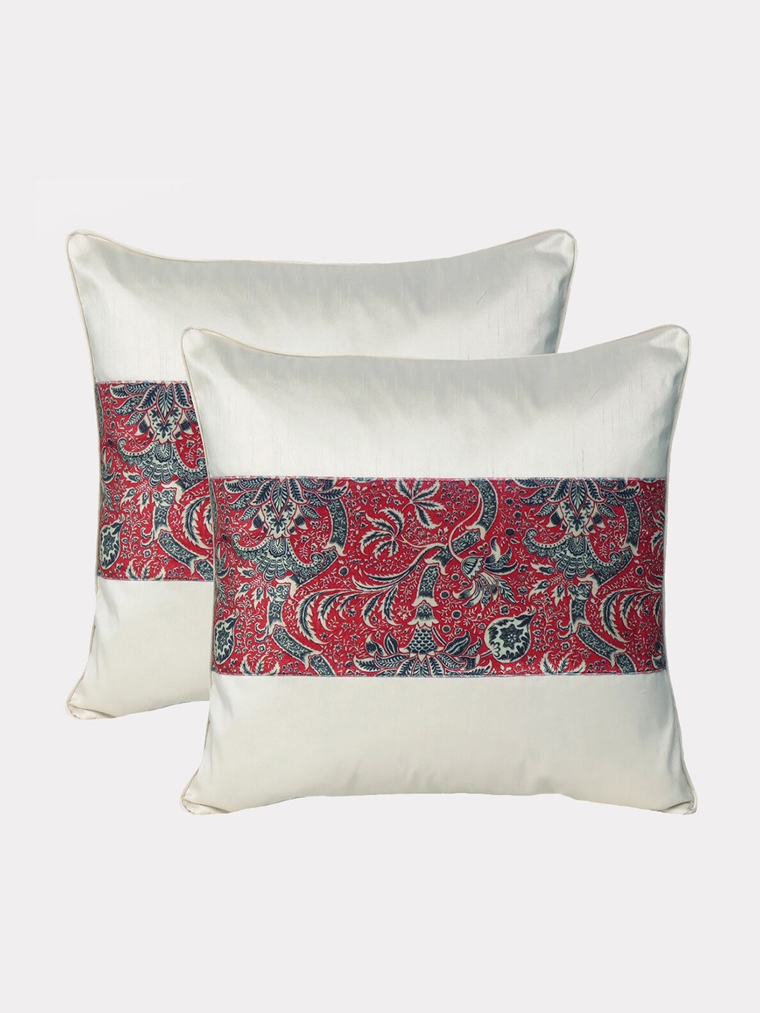 

OUSSUM Cream-Coloured & Red Set of 2 Floral Velvet Square Cushion Covers