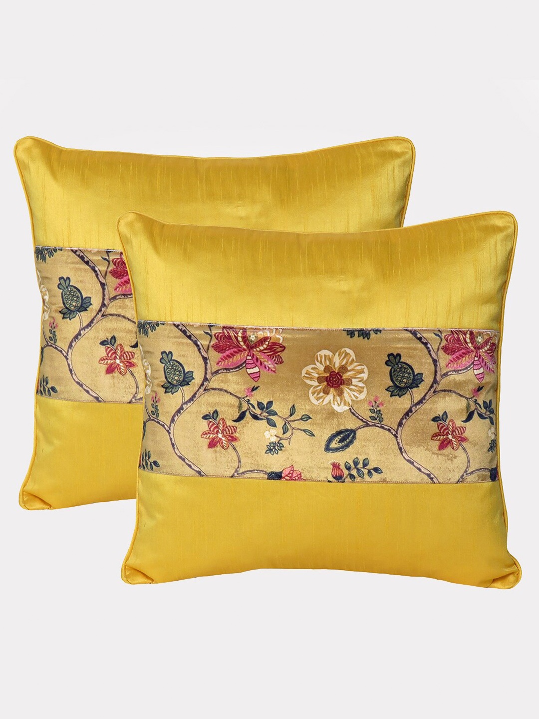 

OUSSUM Yellow & Red Set of 2 Floral Velvet Square Cushion Covers