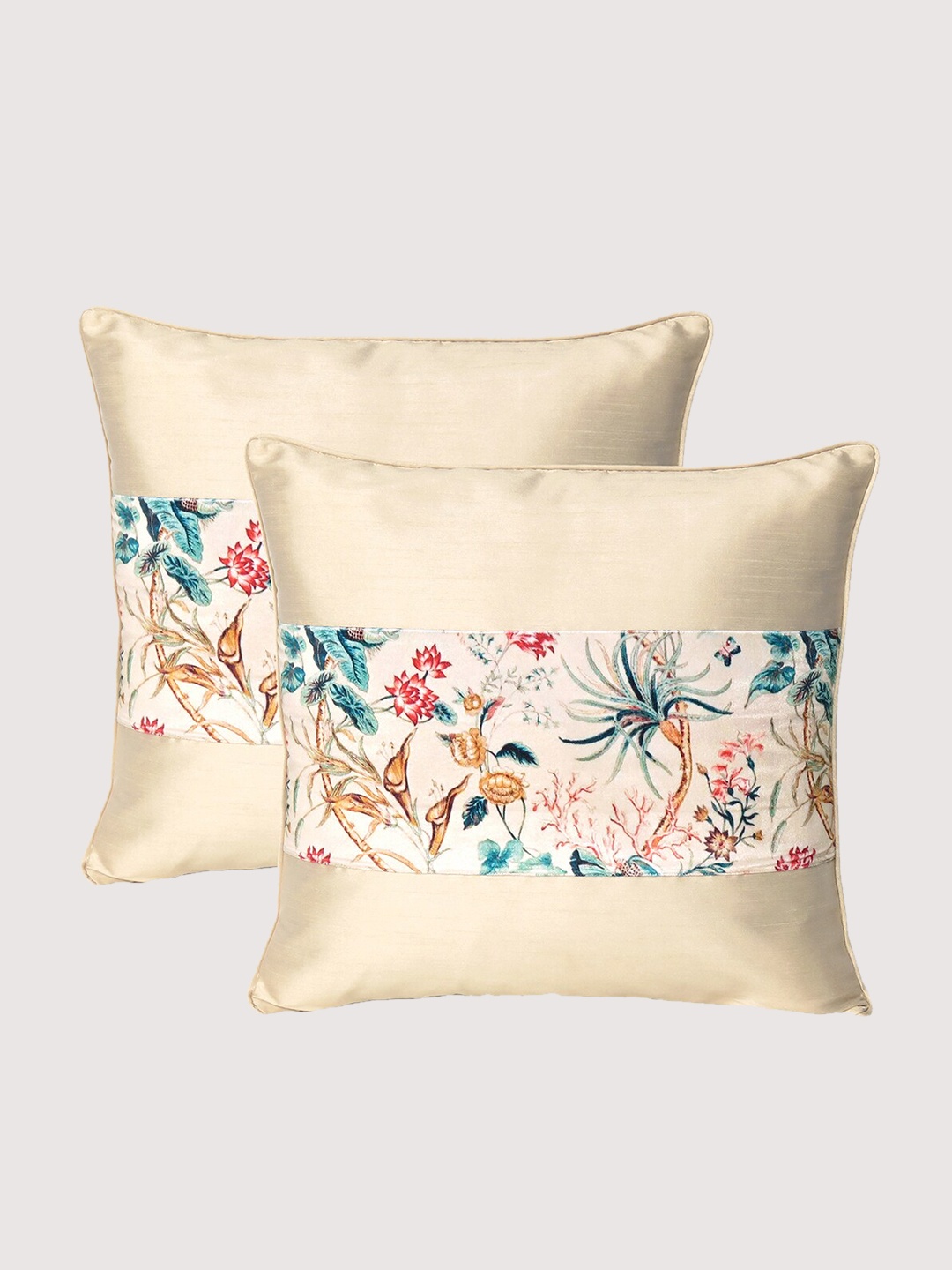 

OUSSUM Beige & Green Set of 2 Floral Velvet Square Cushion Covers