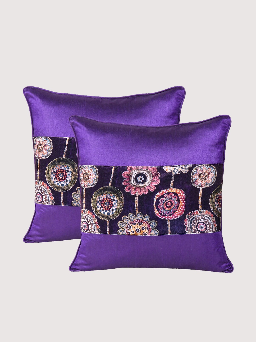 

OUSSUM Purple & Black Set of 2 Floral Velvet Square Cushion Covers