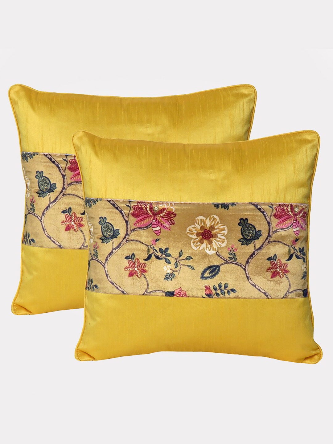 

OUSSUM Yellow & Green Set of 2 Floral Velvet Square Cushion Covers