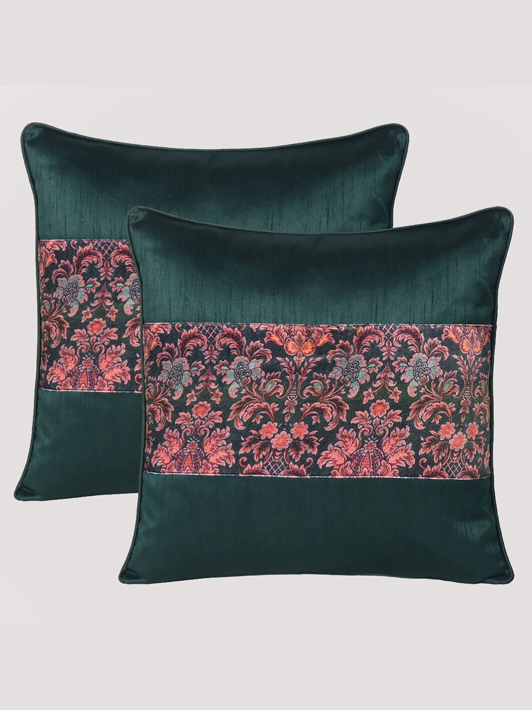 

OUSSUM Green & Pink Set of 2 Floral Velvet Square Cushion Covers